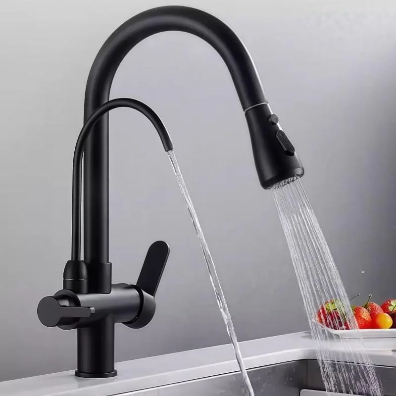 شیرآلات سینک آشپزخانه، شیر آشپزخانه با اسپری کشویی، شیر نیکل/مشکی/کروم برای شیر آب فیلتر آب آشپزخانه سه راهی