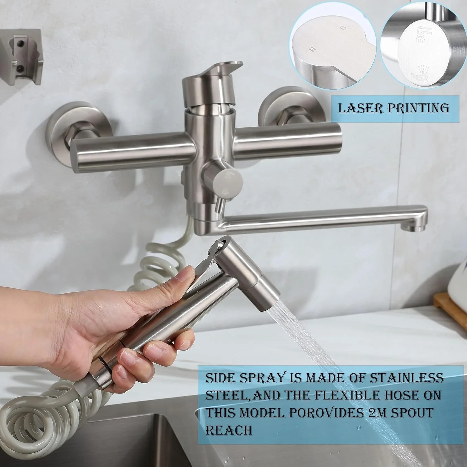 شیر آشپزخانه دیواری ZHYICH با آبپاش جانبی، شیر تجاری، شیر سینک ظرفشویی نیکل برس خورده، شیر مخلوط، فاصله مرکزی 7.7-8.3 اینچ، بدون سرب، طول دهانه 9.2 اینچ