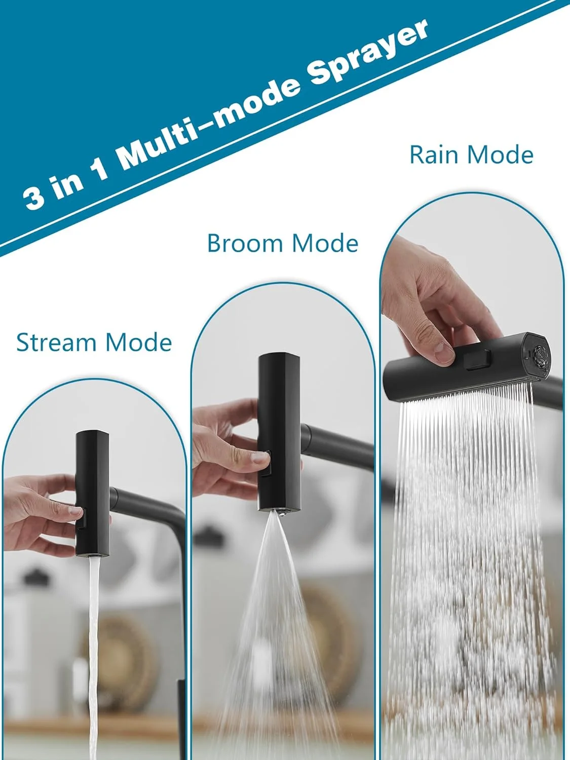 شیرآلات آشپزخانه مشکی با اسپری کشویی، شیر آب سینک آشپزخانه آبشاری، شیرآلات آشپزخانه استیل ضد زنگ تجاری، شیر آب سینک آشپزخانه تک دسته با اسپری کشویی برای 3 عملکرد