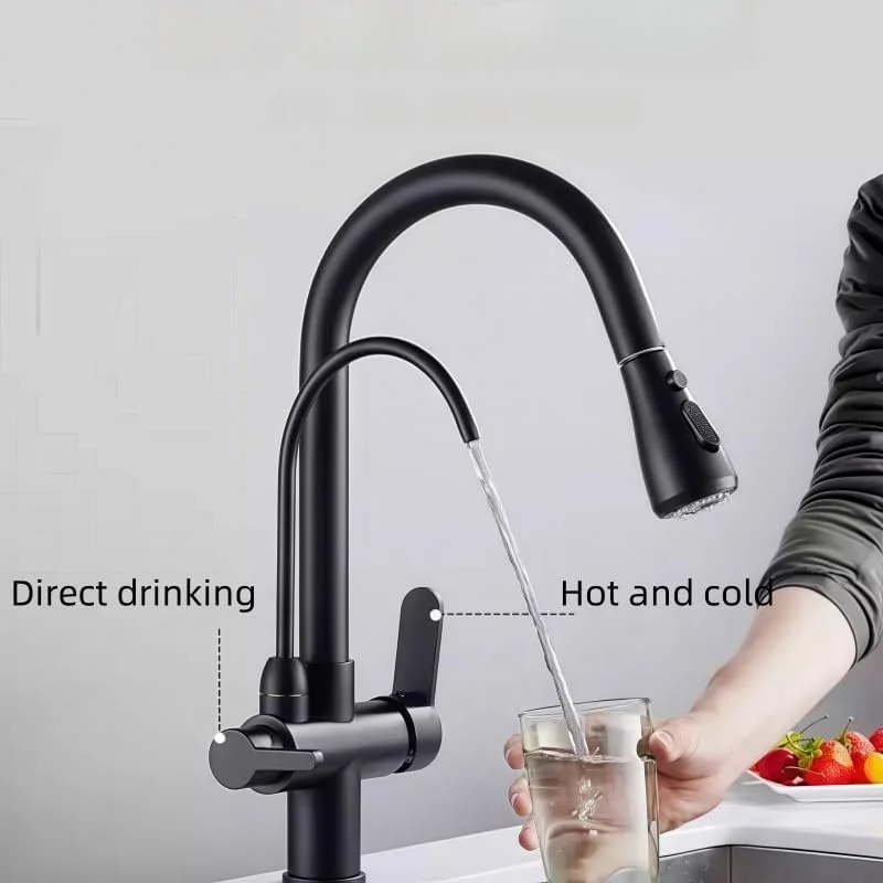 شیرآلات سینک آشپزخانه، شیر آشپزخانه با اسپری کشویی، شیر نیکل/مشکی/کروم برای شیر آب فیلتر آب آشپزخانه سه راهی