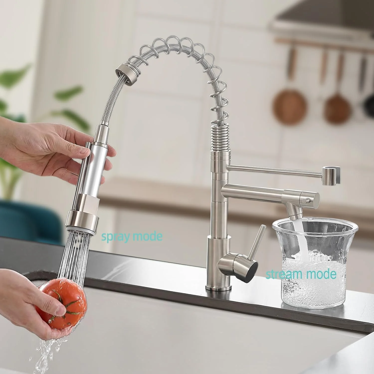 شیر آشپزخانه مدرن، شیرآلات آشپزخانه استیل تک دستگیره با اسپری کشویی، نیکل برس خورده با لوله ورودی آب 60 سانتی متری
