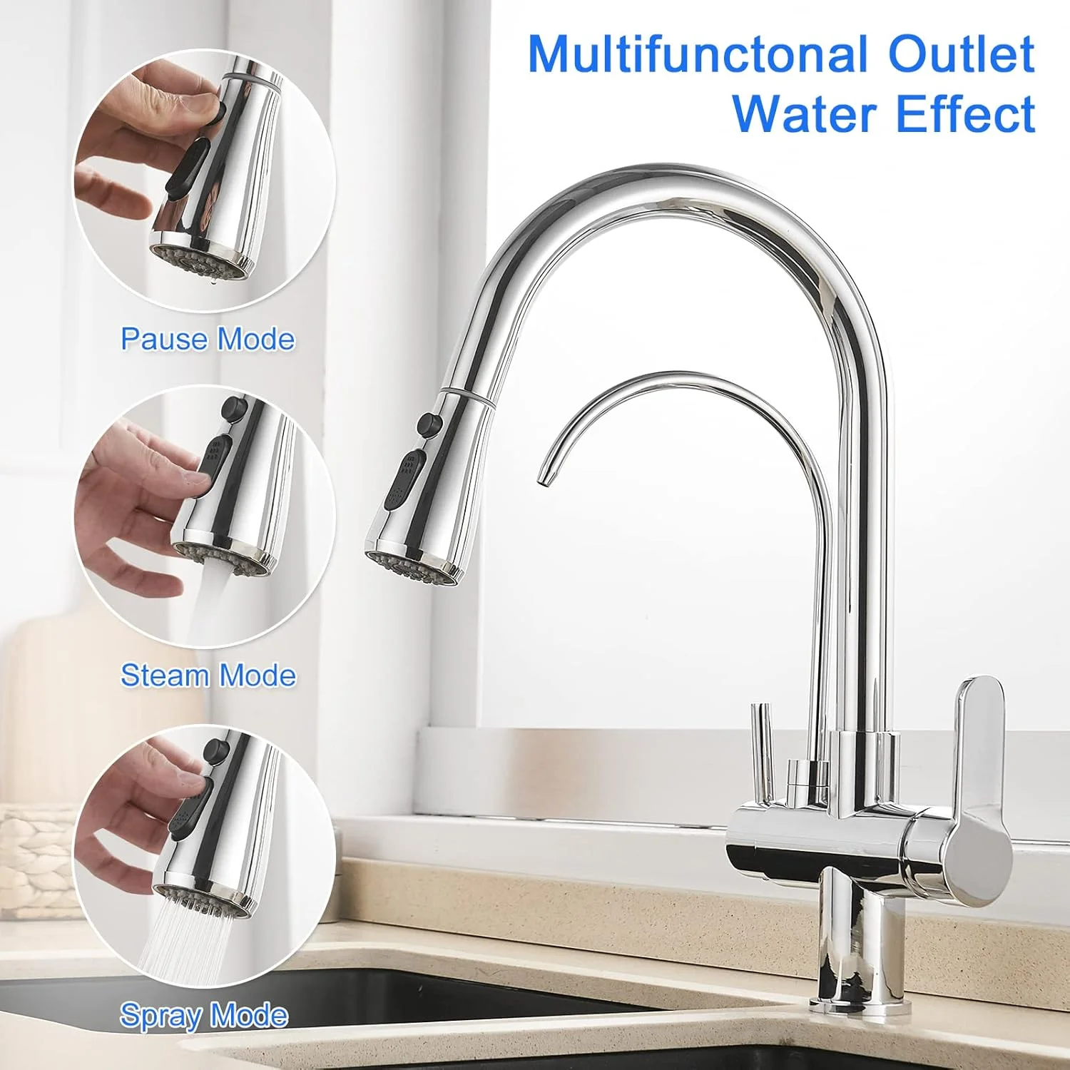 شیر آشپزخانه دو دستگیره MENATT با شیر آب آشامیدنی، شیرآلات تصفیه کننده آب 3 در 1 با اسپری کشویی (کروم) شیر آشپزخانه دو دستگیره MENATT با شیر آب آشامیدنی، شیرآلات تصفیه کننده آب 3 در 1 با اسپری کشویی (کروم)