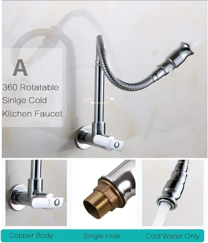 شیرآلات ظرفشویی StoHua، چرخش 360 درجه، تک اهرمی، استیل ضد زنگ، شیر آشپزخانه دیواری، روکش کروم