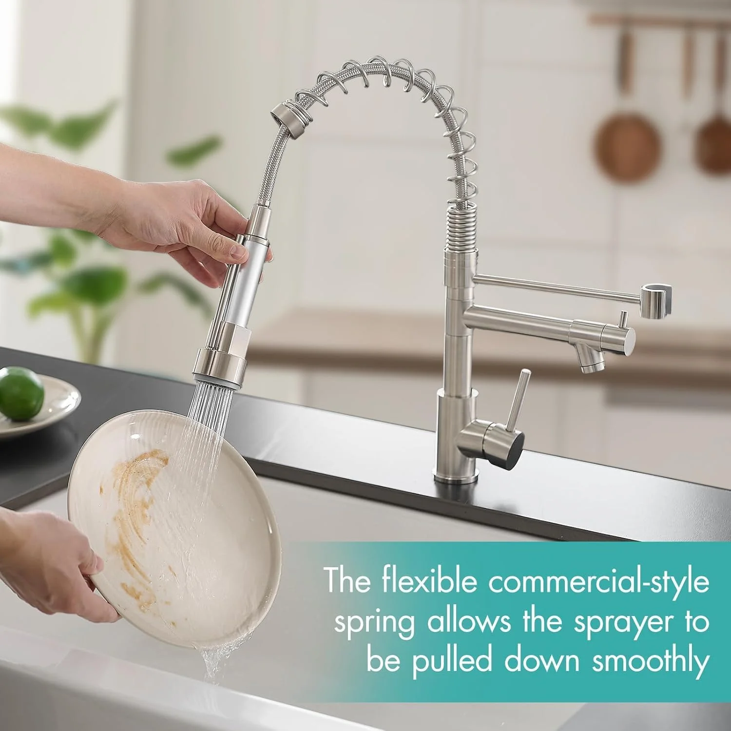 شیر آشپزخانه مدرن، شیرآلات آشپزخانه استیل تک دستگیره با اسپری کشویی، نیکل برس خورده با لوله ورودی آب 60 سانتی متری