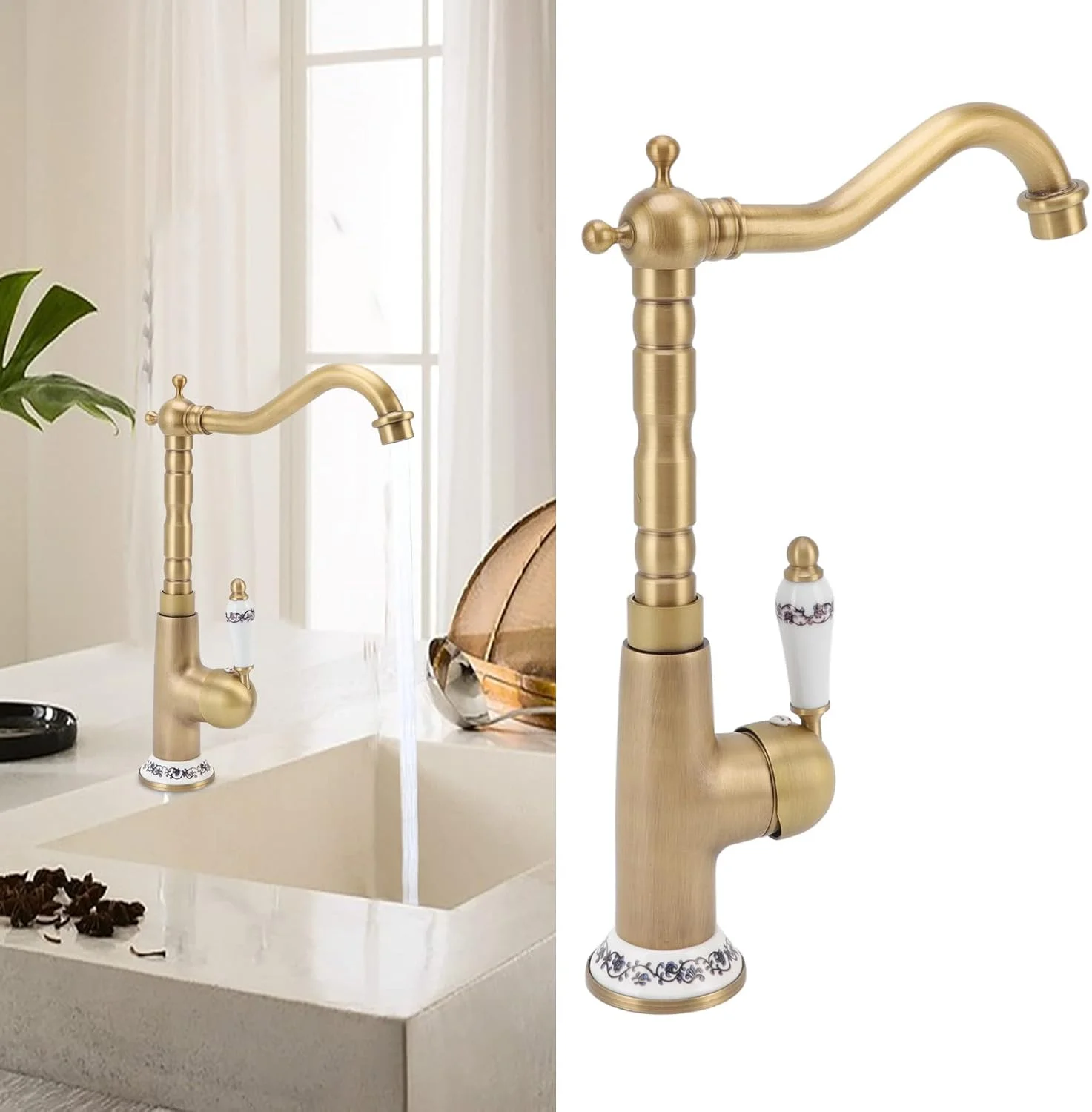 شیر آشپزخانه برنجی FUIK، نصب آسان شیر آشپزخانه تمام مسی اروپایی عتیقه برای بار برای خانه (عتیقه) شیر آشپزخانه برنجی FUIK، نصب آسان شیر آشپزخانه تمام مسی اروپایی عتیقه برای بار برای خانه (عتیقه)