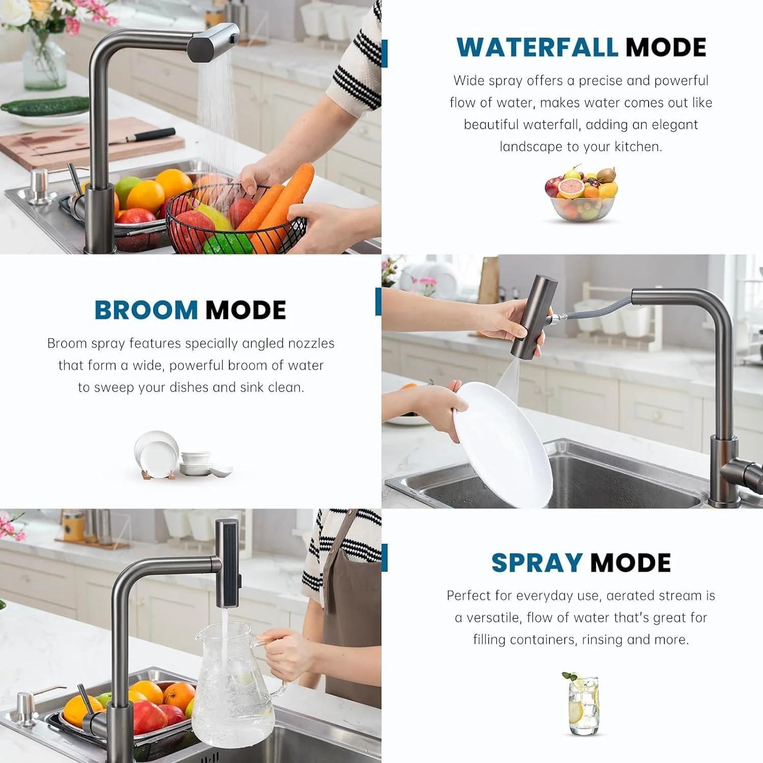 شیر آشپزخانه چرخان 360 درجه U-HOOME با اسپری کشویی، 3 حالت (جارویی/جریانی)، شیر مدرن برای سینک آشپزخانه، بار، لباسشویی، RV