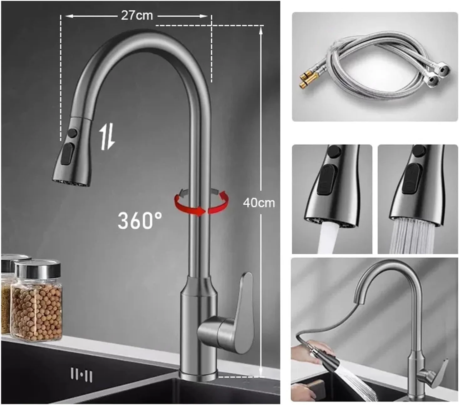 شیرآلات آشپزخانه U-HOOME مدل پول داون، شیر آب مخلوط سینک آشپزخانه آب گرم و سرد با اسپری سه طرفه کشویی، شیرآلات سینک آشپزخانه مدرن استیل تک اهرمی با قوس بلند (خاکستری متالیک) شیرآلات آشپزخانه U-HOOME مدل پول داون، شیر آب مخلوط سینک آشپزخانه آب گرم و سرد با اسپری سه طرفه کشویی، شیرآلات سینک آشپزخانه مدرن استیل تک اهرمی با قوس بلند (خاکستری متالیک)