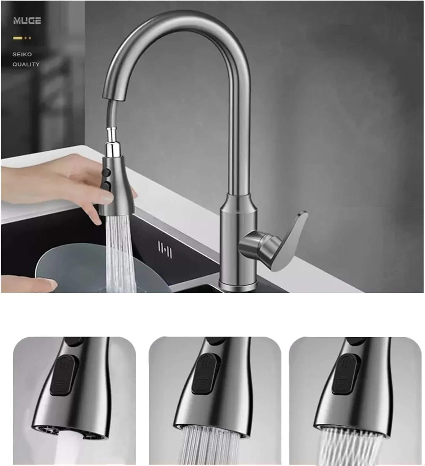 شیرآلات آشپزخانه U-HOOME مدل پول داون، شیر آب مخلوط سینک آشپزخانه آب گرم و سرد با اسپری سه طرفه کشویی، شیرآلات سینک آشپزخانه مدرن استیل تک اهرمی با قوس بلند (خاکستری متالیک) شیرآلات آشپزخانه U-HOOME مدل پول داون، شیر آب مخلوط سینک آشپزخانه آب گرم و سرد با اسپری سه طرفه کشویی، شیرآلات سینک آشپزخانه مدرن استیل تک اهرمی با قوس بلند (خاکستری متالیک)