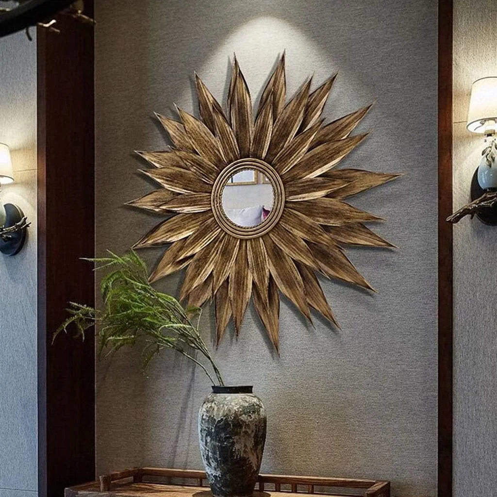 آینه دیواری تزئینی مدل خورشیدی به سبک اروپایی مناسب حمام، اتاق نشیمن و اتاق خواب، ابعاد 70 * 70 سانتی متر آینه دیواری تزئینی مدل خورشیدی به سبک اروپایی مناسب حمام، اتاق نشیمن و اتاق خواب، ابعاد 70 * 70 سانتی متر