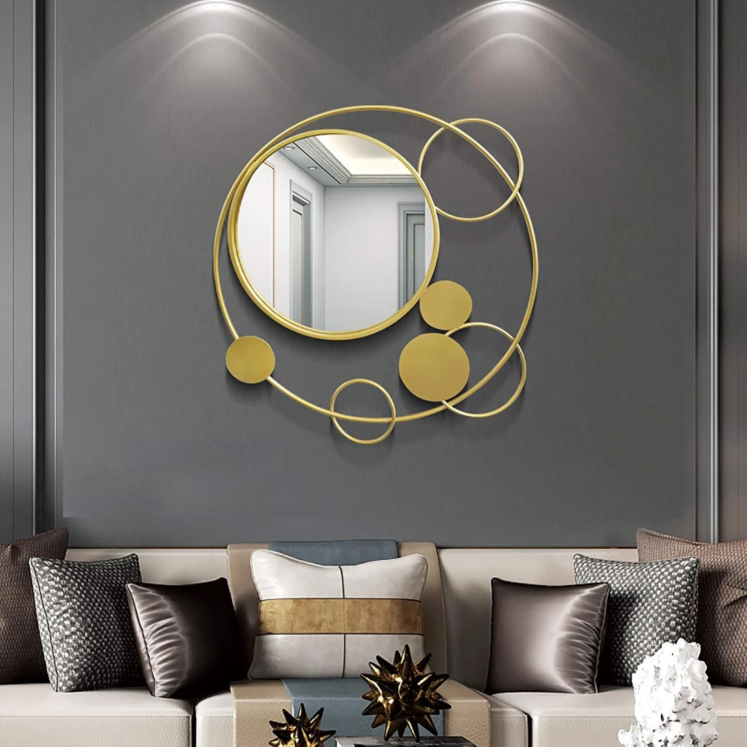 آینه تزئینی دیواری ABHJKLM، آینه گرد مدرن، دکوراسیون دیواری، آویز پس زمینه تلویزیون