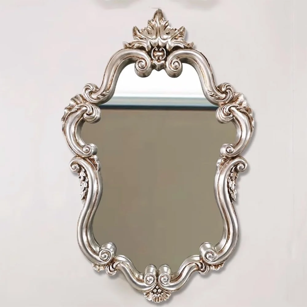 آینه دیواری طلایی عتیقه، آینه تزئینی وینتیج، آینه دیواری با قاب PU، آینه آویز لوکس برای اتاق شستشو، اتاق نشیمن، دکوراسیون منزل 90*60 سانتی متر (نقره ای)