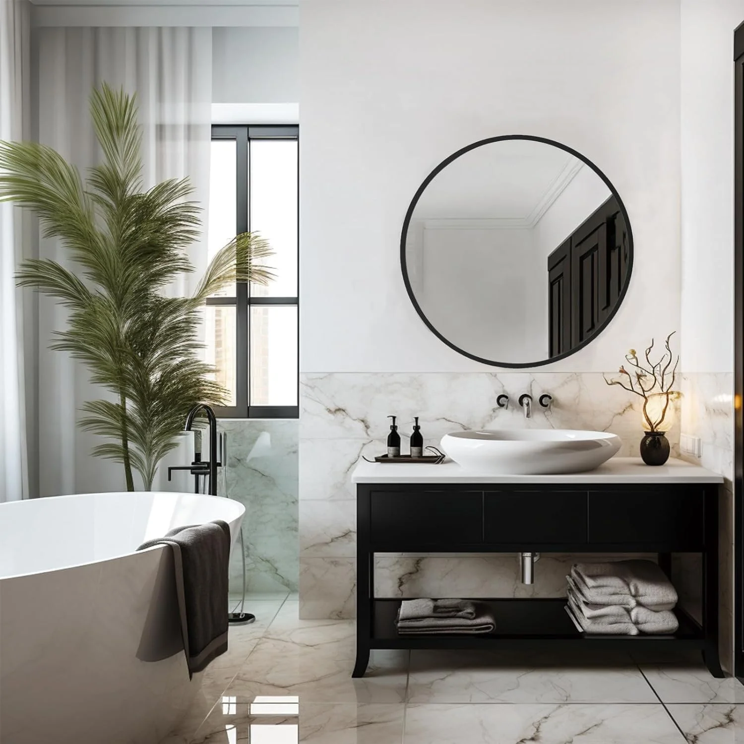 آینه گرد ANTOLE، آینه گرد دیواری 60 سانتی متری، آینه دیواری گرد با قاب فلزی، آینه گرد حمام، آینه های دایره ای برای دیوار، ورودی، حمام، روشویی، اتاق نشیمن، آینه دایره ای (مشکی)