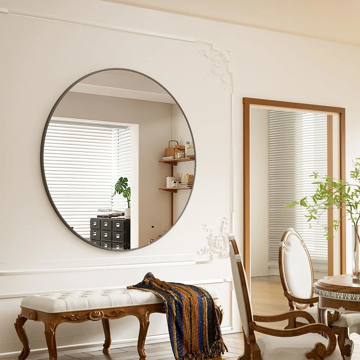 آینه گرد 90 سانتی متری BEAUTYPEAK، آینه دیواری ضد شکست با قاب آلومینیومی، آینه حمام برای آویزان کردن و تکیه دادن، آینه دیواری گرد برای اتاق خواب، حمام، اتاق نشیمن
