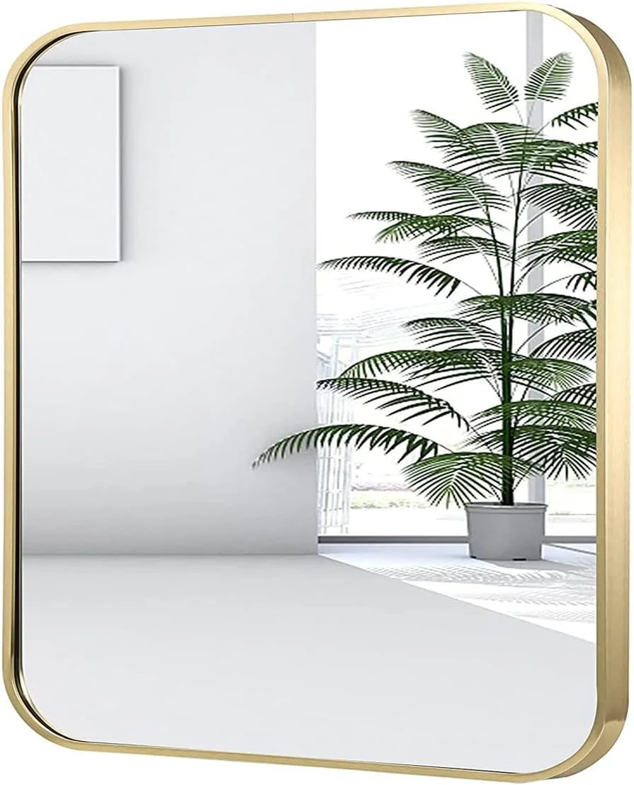 آینه دیواری مربع مناسب آرایش، آینه مدرن فلزی با قاب فلزی، آینه آویز تزئینی دیواری با گوشه های گرد مناسب اتاق خواب، اتاق نشیمن، ورودی راهرو (70 * 70 سانتی متر، طلایی)