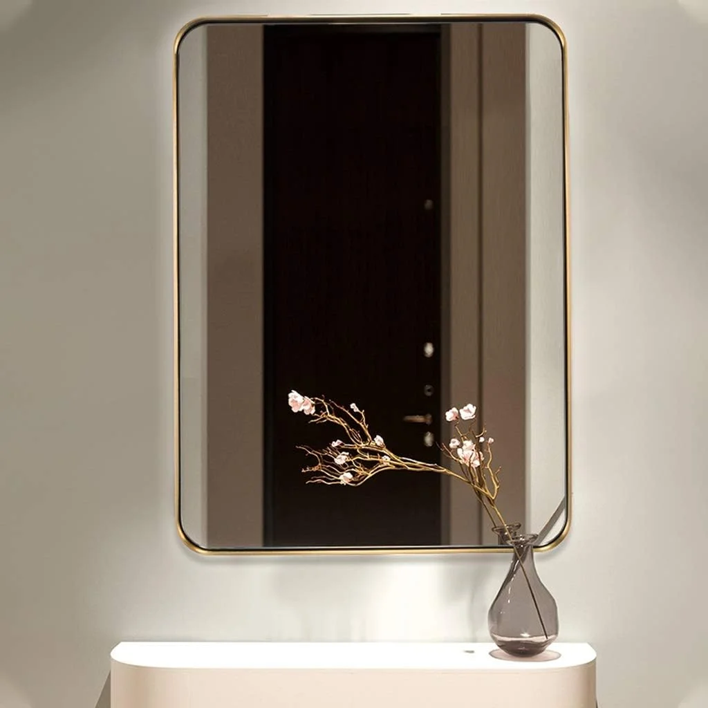 آینه حمام، آینه دیواری، آینه تزئینی اتاق نشیمن، آینه آرایشی، قاب استیل ضد زنگ، ضد خوردگی، بدون تغییر رنگ (رنگ: طلایی، اندازه: 50x80 سانتی متر)