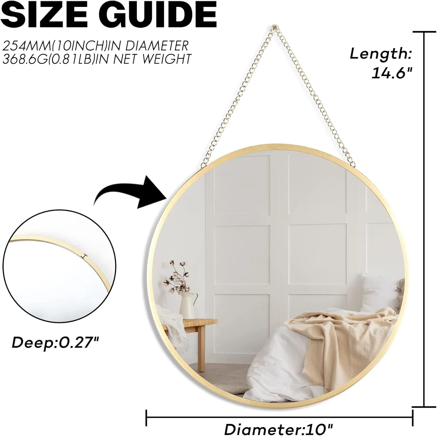 آینه گرد آویز دکوری Decoccino، آینه طلایی گرد با زنجیر آویز برای حمام، اتاق خواب، میز آرایش، اتاق نشیمن، ورودی، 10 اینچ در 10 اینچ آینه گرد آویز دکوری Decoccino، آینه طلایی گرد با زنجیر آویز برای حمام، اتاق خواب، میز آرایش، اتاق نشیمن، ورودی، 10 اینچ در 10 اینچ