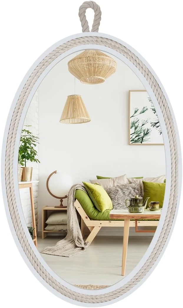 آینه دیواری طرح مزرعه با طناب، آینه تزئینی با حلقه آویز، آینه دریایی ساحلی، 61 سانتی متر طول در 40.6 سانتی متر عرض، بیضی، سفید، بیضی 61 سانتی متر طول در 40.6 سانتی متر عرض