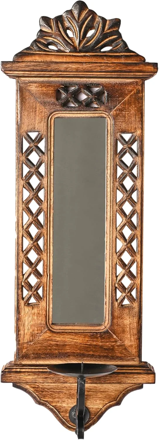 آویز دیواری چوبی جاروکا کریشنز با آینه و جای شمع (قهوه ای - سبک 1) آویز دیواری چوبی جاروکا کریشنز با آینه و جای شمع (قهوه ای - سبک 1)