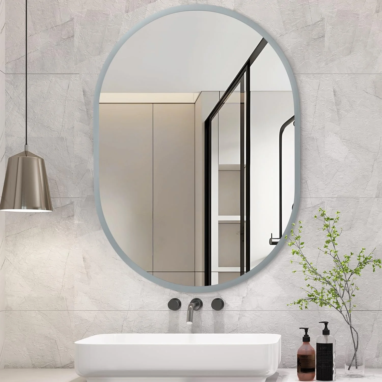 آینه دیواری بیضی شکل JJUUYOU با قاب فلزی، آینه های بیضی برای دیوار 45x66 سانتی متر، آینه آرایشی بزرگ آویز تزئینی برای روشویی حمام، اتاق نشیمن، اتاق خواب، راهرو ورودی، نصب انعطاف پذیر خاکستری