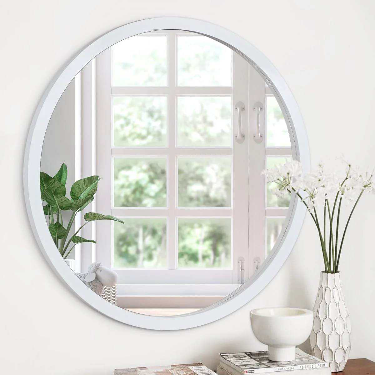 آینه گرد JJUUYOU، آینه دیواری با قاب چوبی طرح قدیمی، مناسب برای تزئین حمام، اتاق نشیمن، اتاق خواب و خوابگاه، سفید