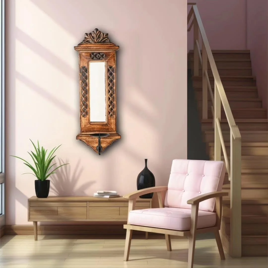 آویز دیواری چوبی جاروکا کریشنز با آینه و جای شمع (قهوه ای - سبک 1) آویز دیواری چوبی جاروکا کریشنز با آینه و جای شمع (قهوه ای - سبک 1)