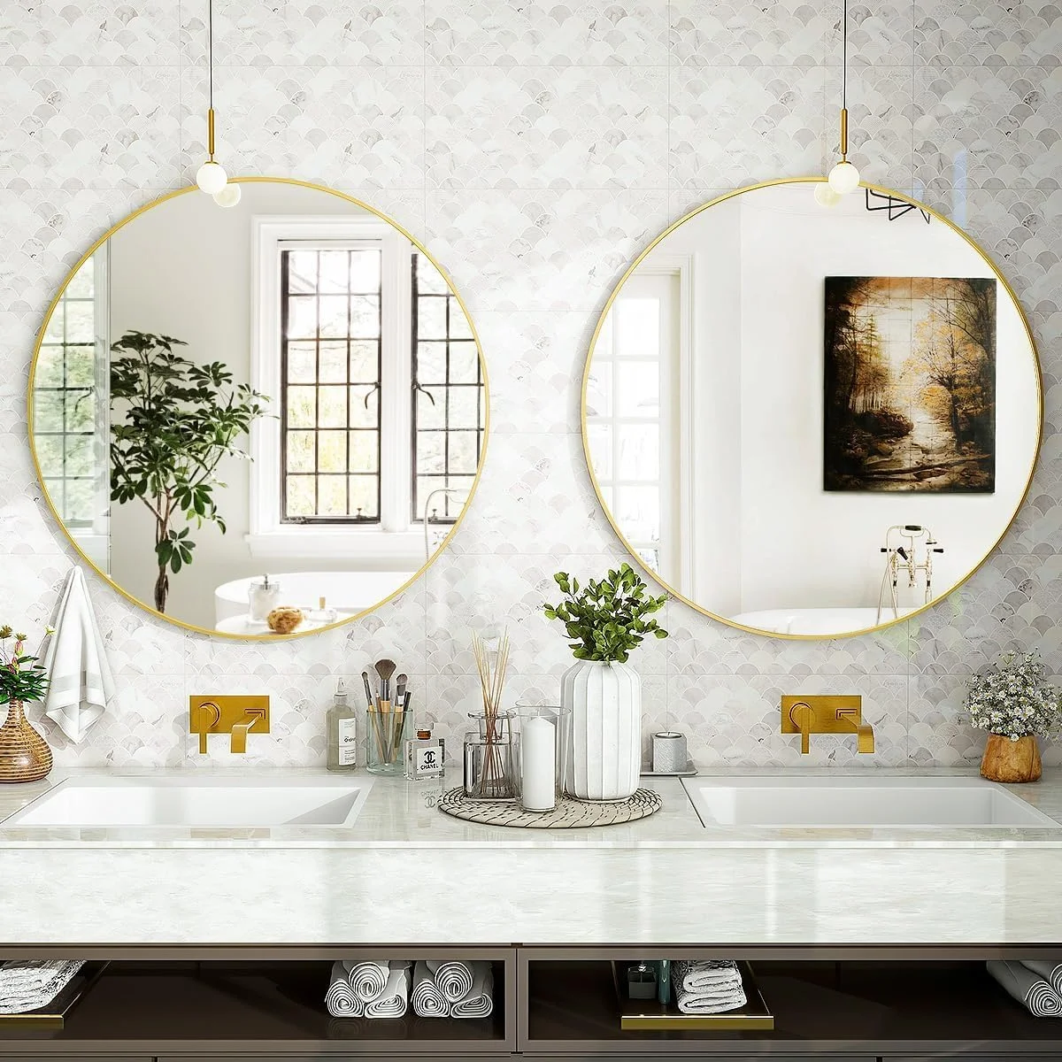 آینه گرد مشکی JWWYJ، آینه دایره ای 60 سانتی متری با قاب فلزی ساده، آینه آویز مدرن برای حمام، راهرو، اتاق نشیمن (طلایی، 60x60) آینه گرد مشکی JWWYJ، آینه دایره ای 60 سانتی متری با قاب فلزی ساده، آینه آویز مدرن برای حمام، راهرو، اتاق نشیمن (طلایی، 60x60)