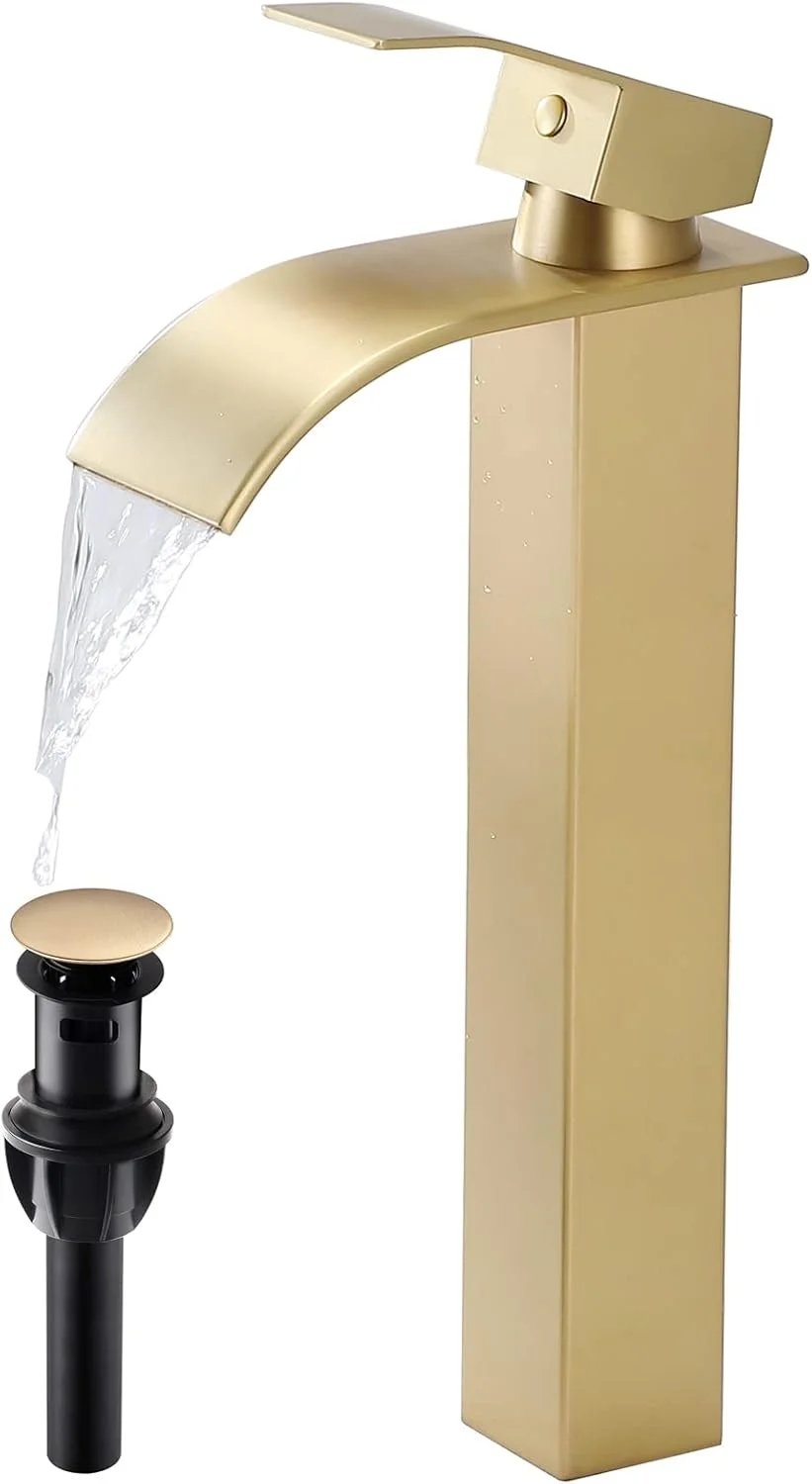 شیر روشویی کاسه ای طلایی برس خورده VESLA HOME، شیر آبشاری تک سوراخه پهن 4.5 سانتی متری بلند برای حمام، شیر مخلوط کن روشویی بالای سطح با تخلیه پاپ آپ سرریز شیر روشویی کاسه ای طلایی برس خورده VESLA HOME، شیر آبشاری تک سوراخه پهن 4.5 سانتی متری بلند برای حمام، شیر مخلوط کن روشویی بالای سطح با تخلیه پاپ آپ سرریز