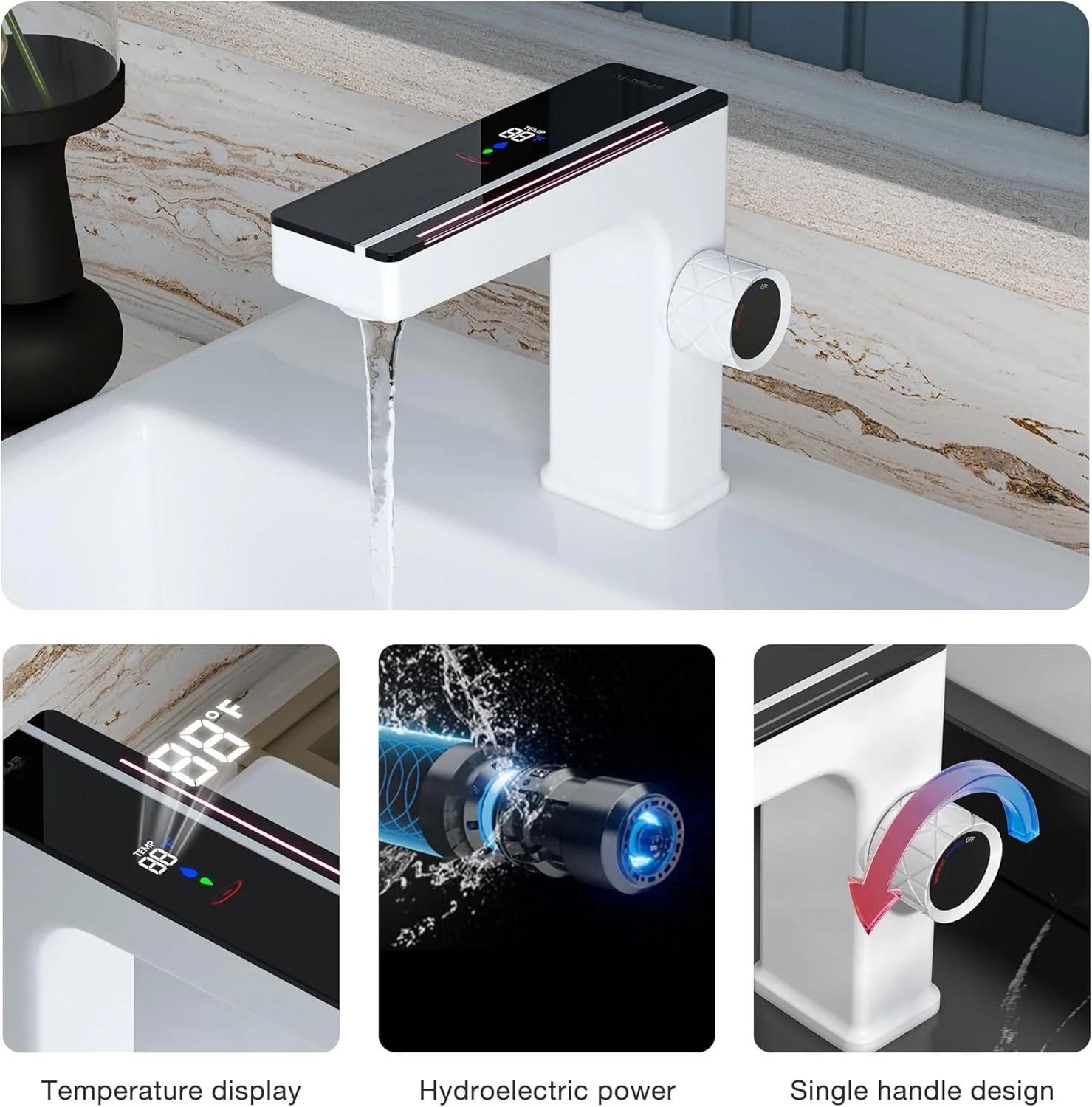 شیر روشویی ال ای دی MEJE، شیر آب با نمایشگر دیجیتال دما، شیر تک دستگیره برنجی، رنگ سفید زیبا شیر روشویی ال ای دی MEJE، شیر آب با نمایشگر دیجیتال دما، شیر تک دستگیره برنجی، رنگ سفید زیبا