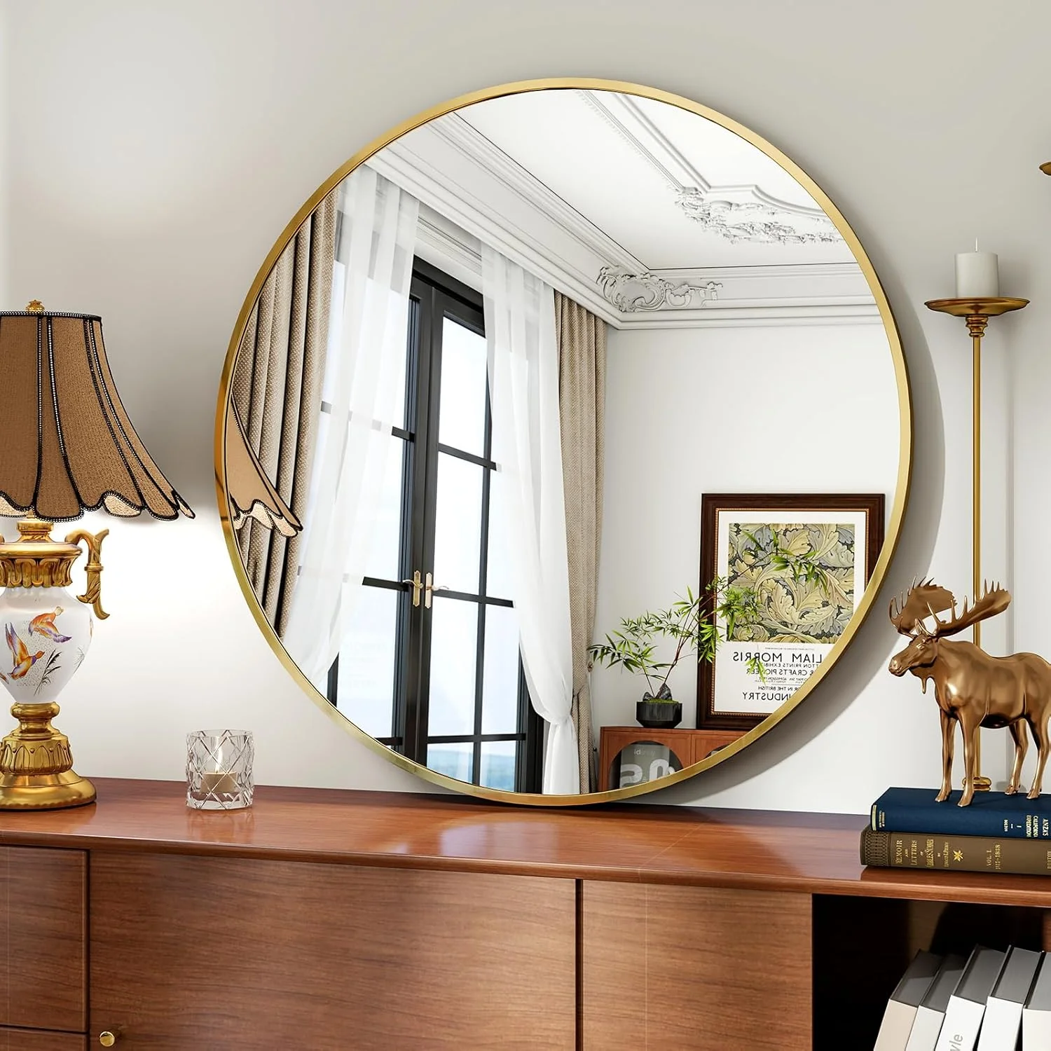 آینه گرد Koonmi، قطر 80 سانتی متر، آینه دیواری گرد بزرگ با قاب آلیاژ آلومینیوم برای حمام، روشویی، اتاق نشیمن، اتاق خواب، تزئین دیوار ورودی، طلایی