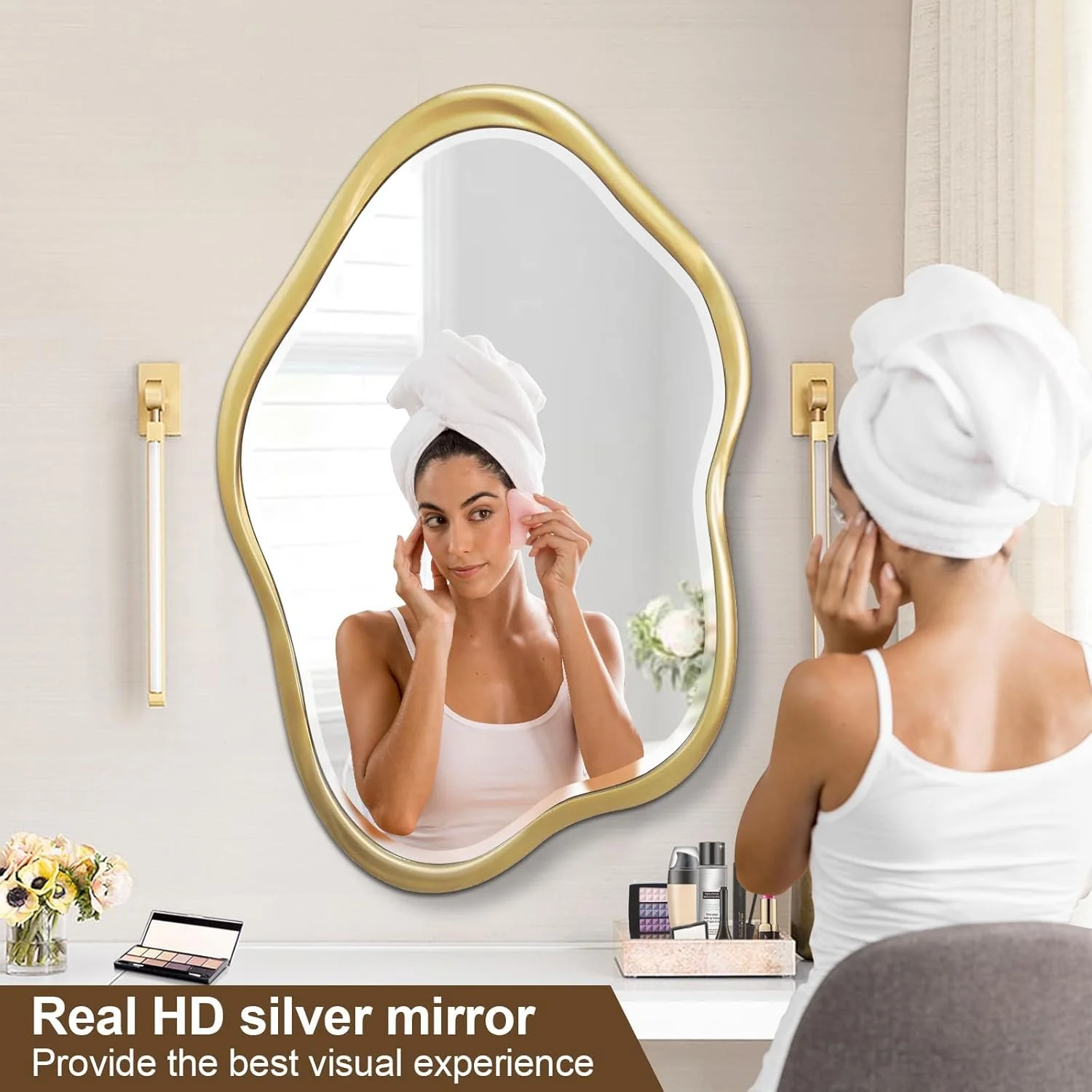 آینه دیواری نامنظم Jesantab، 60x90 سانتیمتر، آینه طلایی نامتقارن مناسب برای روشویی حمام، آینه ابری تزئینی با قاب چوبی برای سرویس بهداشتی، اتاق خواب، ورودی آینه دیواری نامنظم Jesantab، 60x90 سانتیمتر، آینه طلایی نامتقارن مناسب برای روشویی حمام، آینه ابری تزئینی با قاب چوبی برای سرویس بهداشتی، اتاق خواب، ورودی