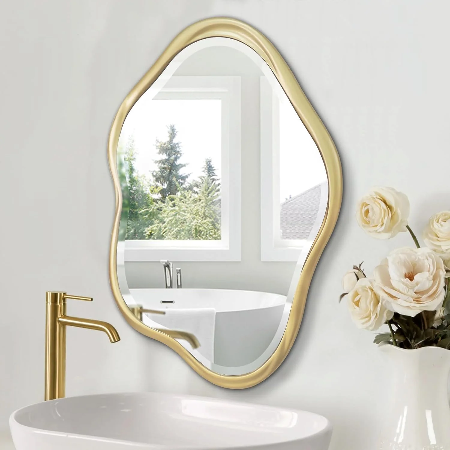 آینه دیواری نامنظم Jesantab، 60x90 سانتیمتر، آینه طلایی نامتقارن مناسب برای روشویی حمام، آینه ابری تزئینی با قاب چوبی برای سرویس بهداشتی، اتاق خواب، ورودی آینه دیواری نامنظم Jesantab، 60x90 سانتیمتر، آینه طلایی نامتقارن مناسب برای روشویی حمام، آینه ابری تزئینی با قاب چوبی برای سرویس بهداشتی، اتاق خواب، ورودی