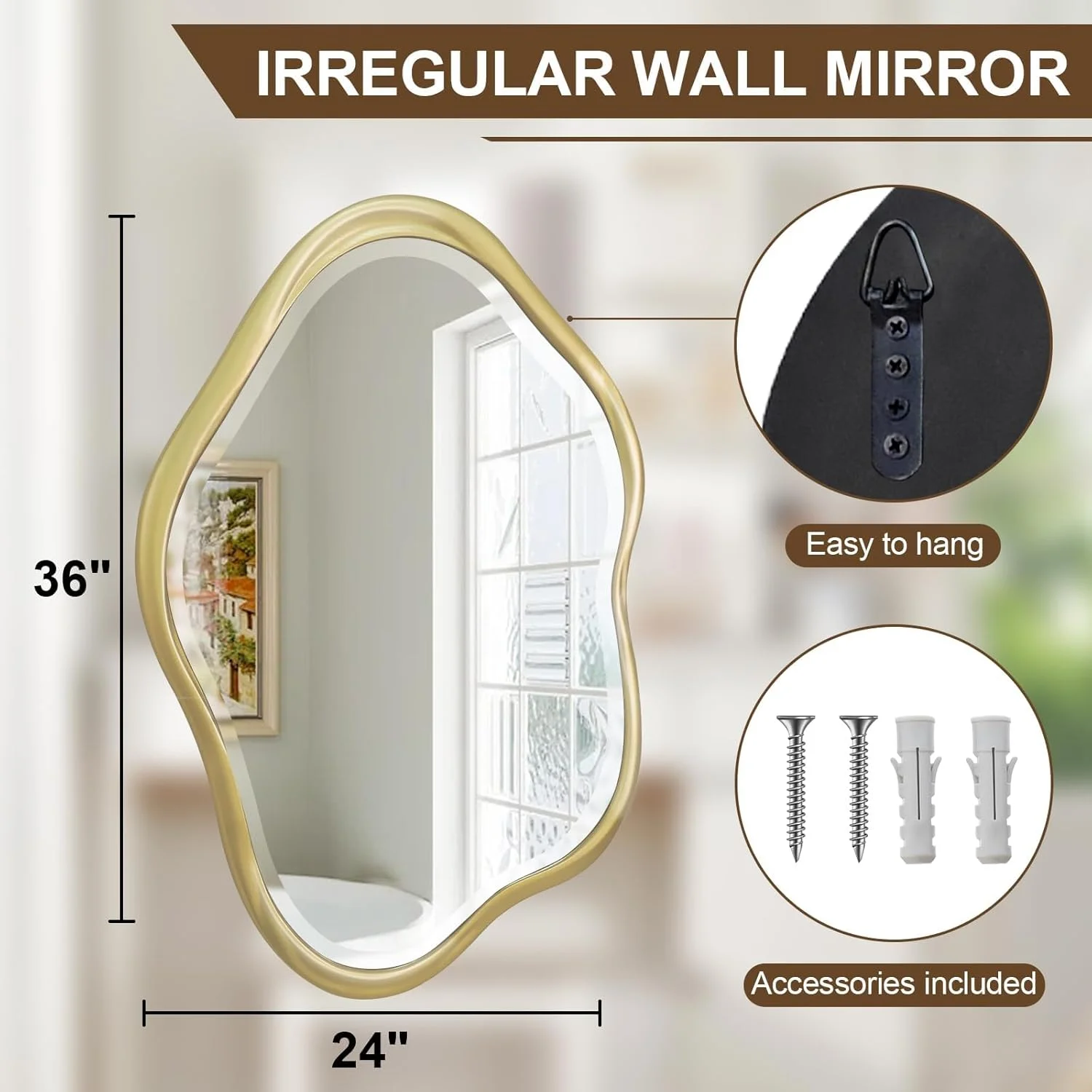 آینه دیواری نامنظم Jesantab، 60x90 سانتیمتر، آینه طلایی نامتقارن مناسب برای روشویی حمام، آینه ابری تزئینی با قاب چوبی برای سرویس بهداشتی، اتاق خواب، ورودی آینه دیواری نامنظم Jesantab، 60x90 سانتیمتر، آینه طلایی نامتقارن مناسب برای روشویی حمام، آینه ابری تزئینی با قاب چوبی برای سرویس بهداشتی، اتاق خواب، ورودی