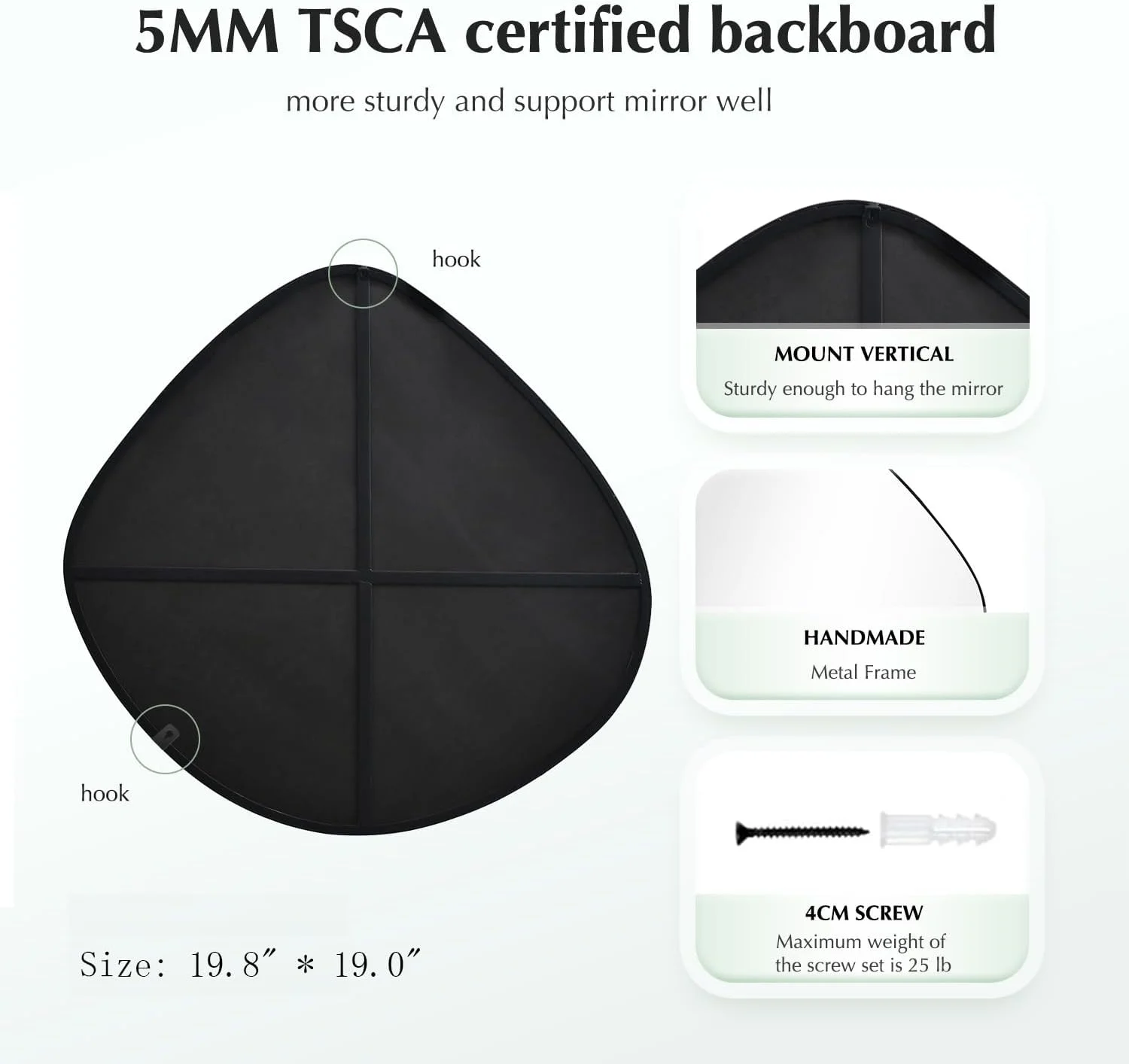 آینه دیواری نامنظم با قاب فلزی مشکی مات برای دکور دیوار اتاق نشیمن، اتاق خواب، حمام، ورودی، 50.3 سانتی متر طول × 48.2 سانتی متر عرض ELE-005B