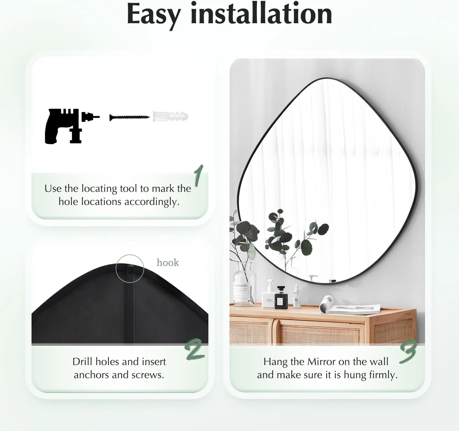 آینه دیواری نامنظم با قاب فلزی مشکی مات برای دکور دیوار اتاق نشیمن، اتاق خواب، حمام، ورودی، 50.3 سانتی متر طول × 48.2 سانتی متر عرض ELE-005B