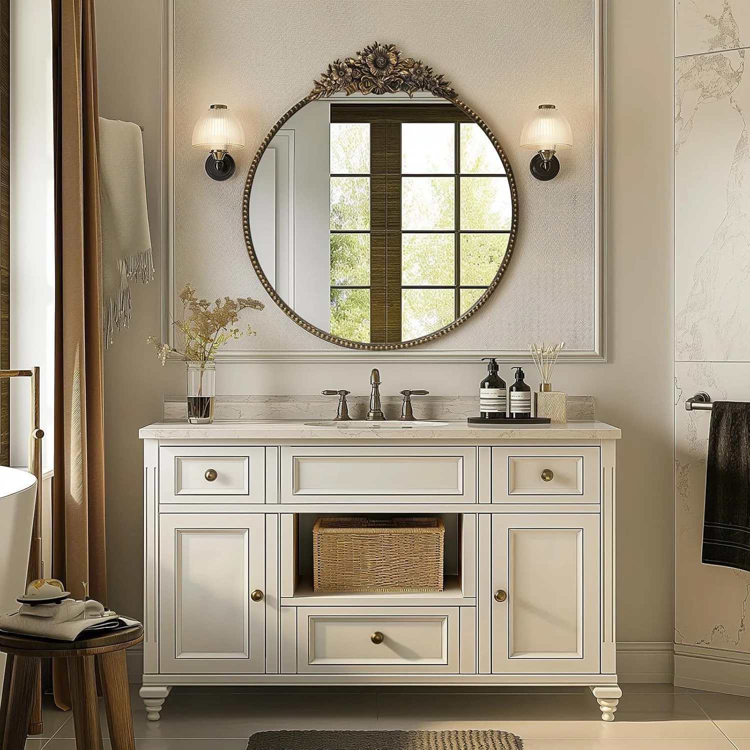 آینه گرد IPOUF، آینه آنتیک به سبک باروک، آینه دایره ای فلزی 60 سانتی متری، آینه تزئینی دیواری برای ورودی، حمام، آینه روشویی، مشکی رترو آینه گرد IPOUF، آینه آنتیک به سبک باروک، آینه دایره ای فلزی 60 سانتی متری، آینه تزئینی دیواری برای ورودی، حمام، آینه روشویی، مشکی رترو