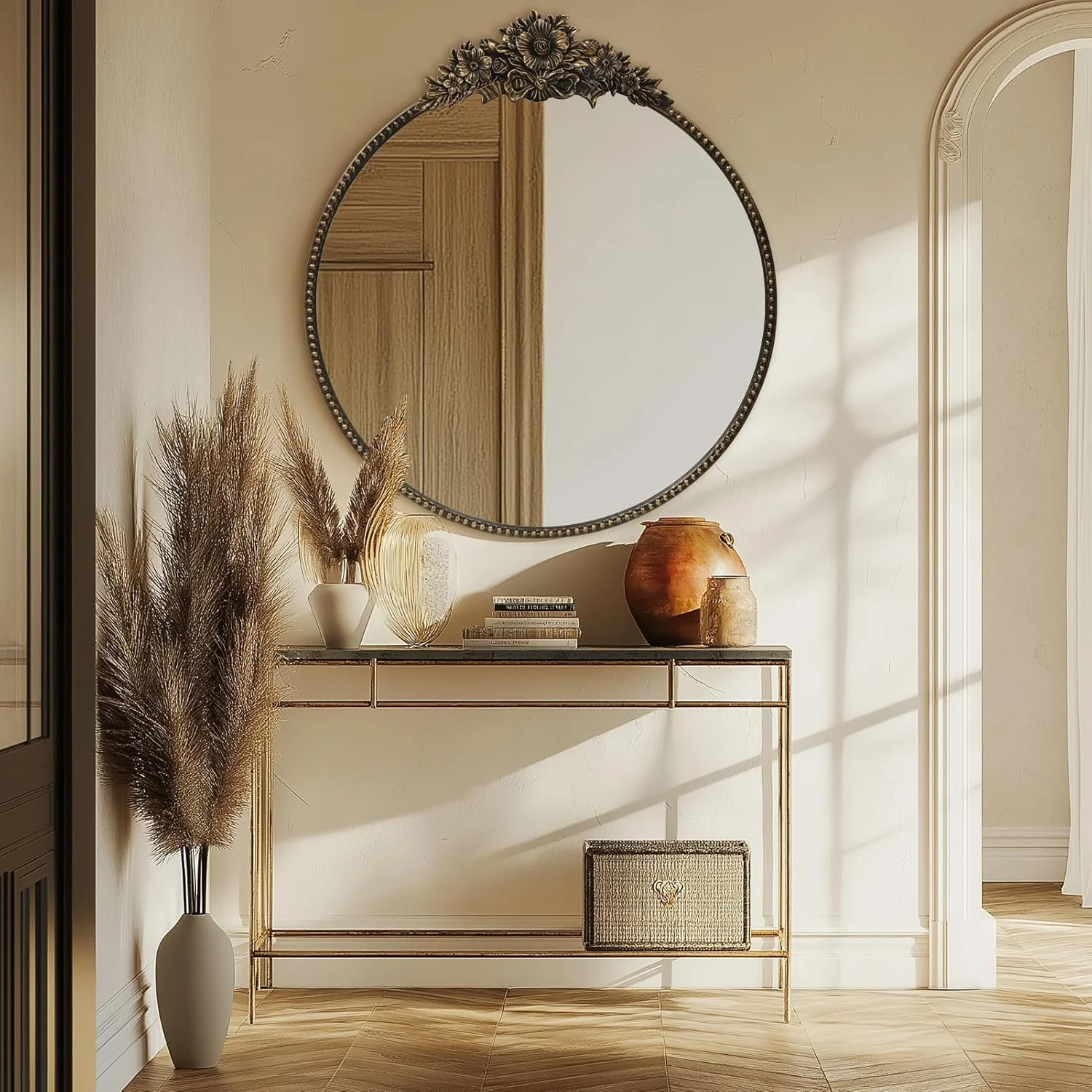 آینه گرد IPOUF، آینه آنتیک به سبک باروک، آینه دایره ای فلزی 60 سانتی متری، آینه تزئینی دیواری برای ورودی، حمام، آینه روشویی، مشکی رترو آینه گرد IPOUF، آینه آنتیک به سبک باروک، آینه دایره ای فلزی 60 سانتی متری، آینه تزئینی دیواری برای ورودی، حمام، آینه روشویی، مشکی رترو