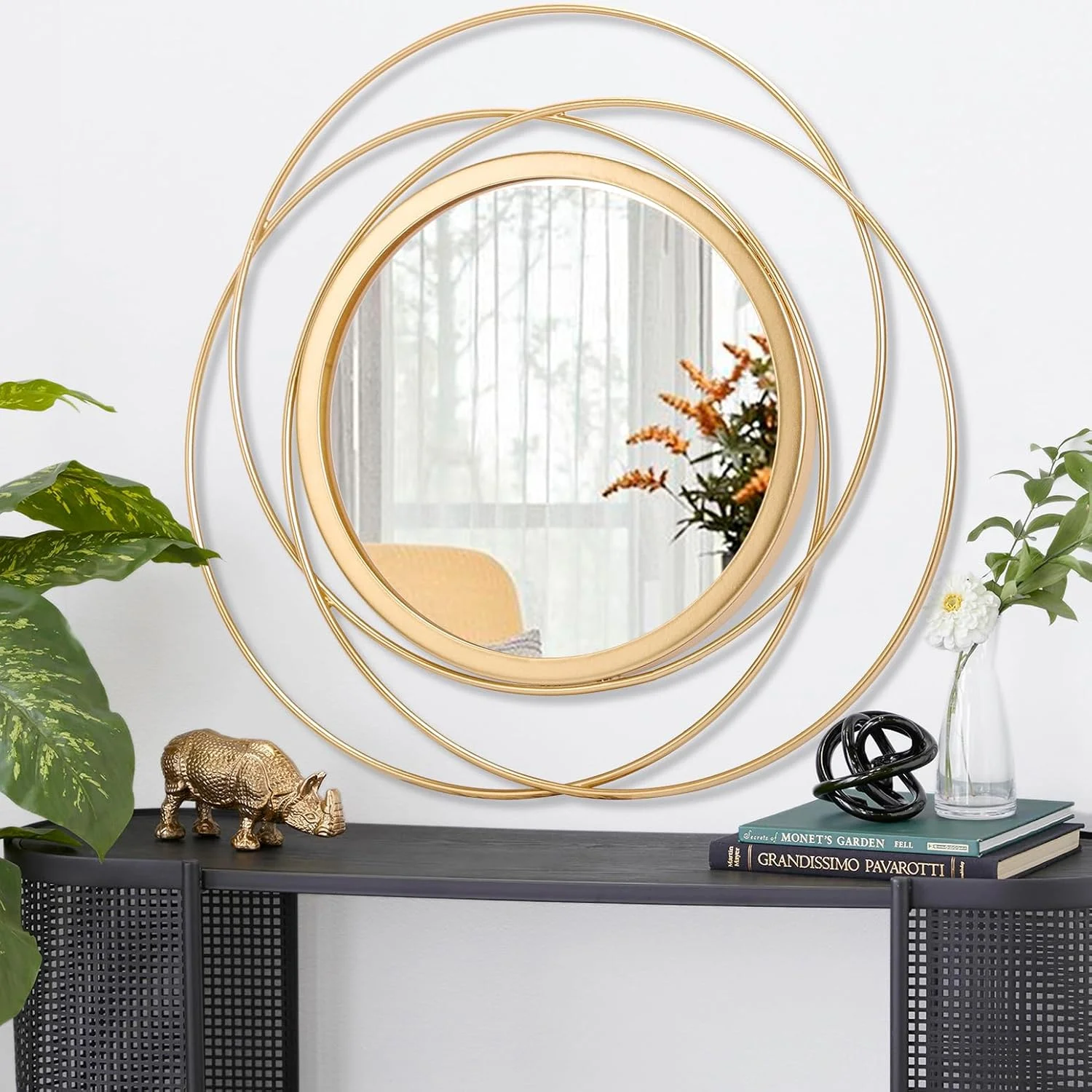 آینه دیواری HLFMVWE، آینه تزئینی گرد بزرگ طلایی، آینه هنری فلزی دایره ای مناسب خانه، اتاق نشیمن یا اتاق خواب، 60x60 سانتی متر آینه دیواری HLFMVWE، آینه تزئینی گرد بزرگ طلایی، آینه هنری فلزی دایره ای مناسب خانه، اتاق نشیمن یا اتاق خواب، 60x60 سانتی متر