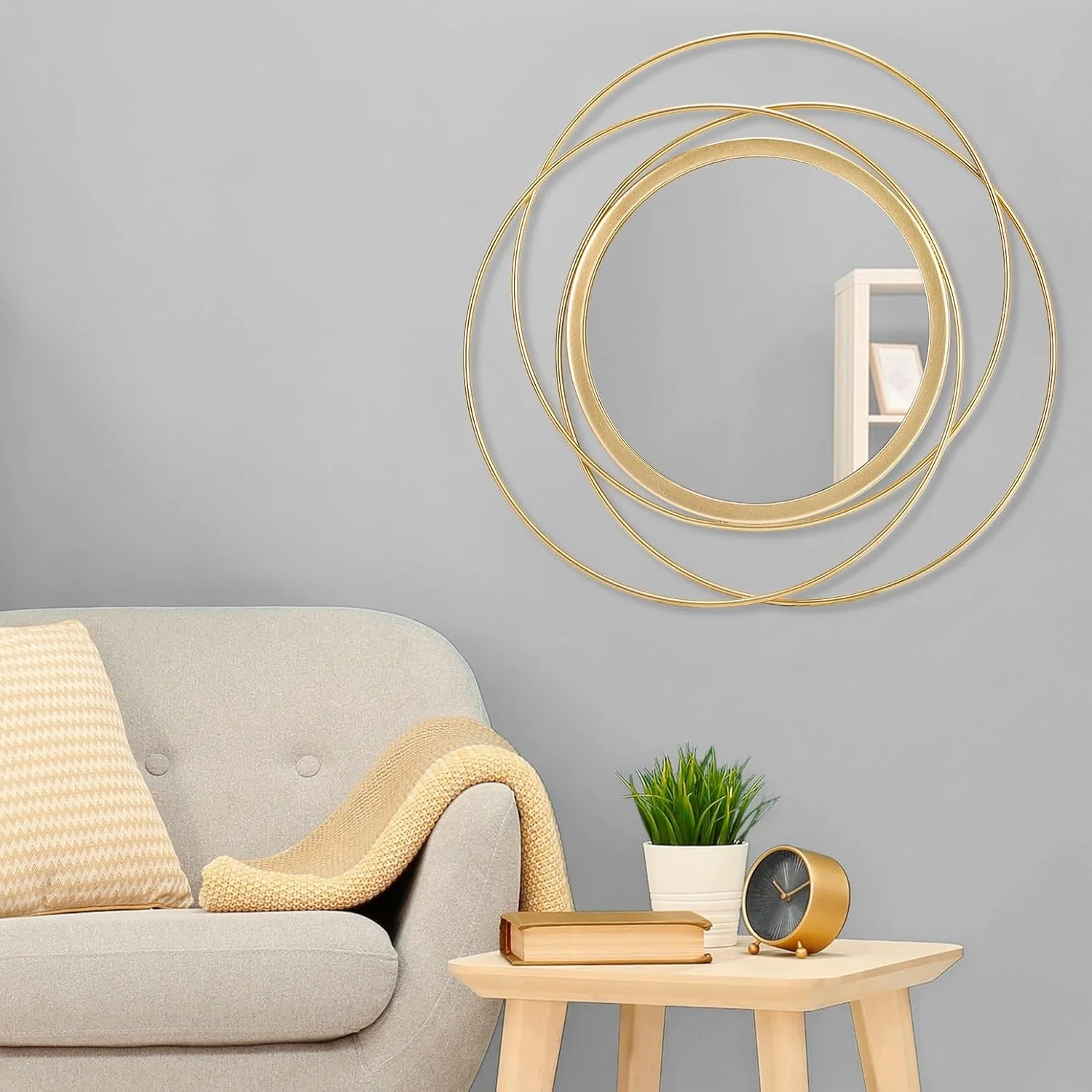 آینه دیواری HLFMVWE، آینه تزئینی گرد بزرگ طلایی، آینه هنری فلزی دایره ای مناسب خانه، اتاق نشیمن یا اتاق خواب، 60x60 سانتی متر آینه دیواری HLFMVWE، آینه تزئینی گرد بزرگ طلایی، آینه هنری فلزی دایره ای مناسب خانه، اتاق نشیمن یا اتاق خواب، 60x60 سانتی متر