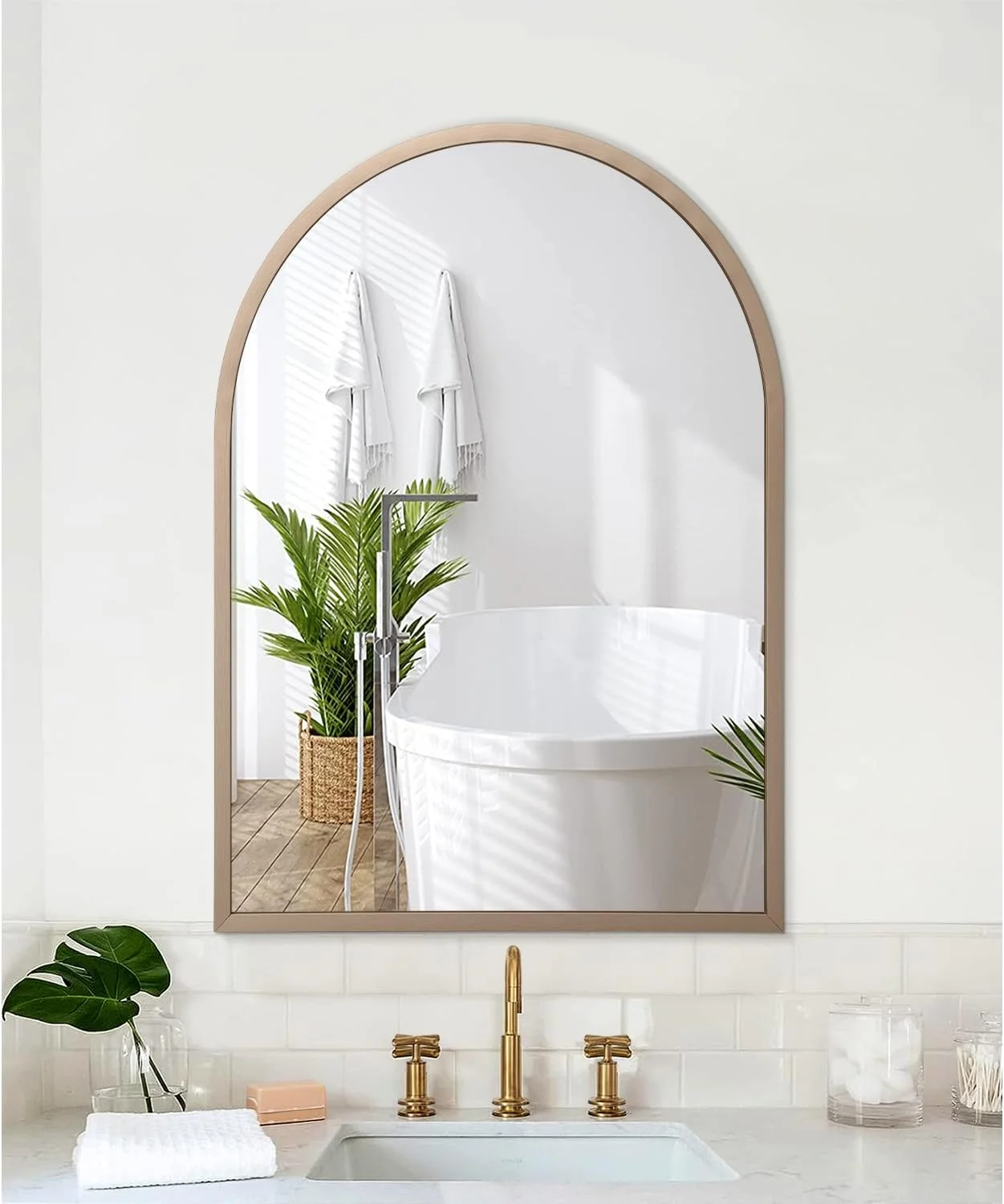 آینه دیواری قوسی بزرگ HLFMVWE، آینه حمام برنجی 66x46 سانتیمتر با قاب فلزی، آینه آرایشی قوسی نصب شده روی دیوار برای اتاق خواب، اتاق نشیمن، ورودی آینه دیواری قوسی بزرگ HLFMVWE، آینه حمام برنجی 66x46 سانتیمتر با قاب فلزی، آینه آرایشی قوسی نصب شده روی دیوار برای اتاق خواب، اتاق نشیمن، ورودی