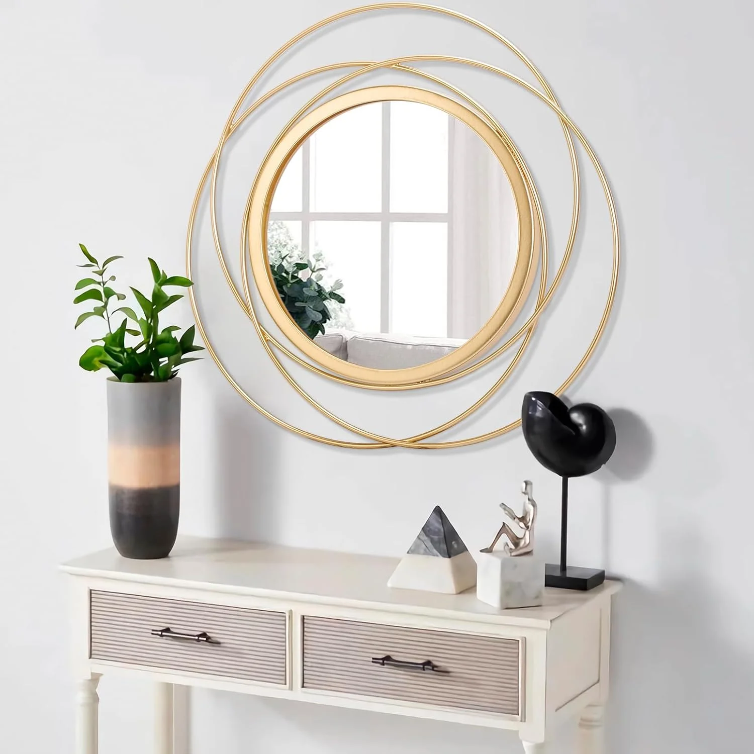 آینه دیواری HLFMVWE، آینه تزئینی گرد بزرگ طلایی، آینه هنری فلزی دایره ای مناسب خانه، اتاق نشیمن یا اتاق خواب، 60x60 سانتی متر آینه دیواری HLFMVWE، آینه تزئینی گرد بزرگ طلایی، آینه هنری فلزی دایره ای مناسب خانه، اتاق نشیمن یا اتاق خواب، 60x60 سانتی متر