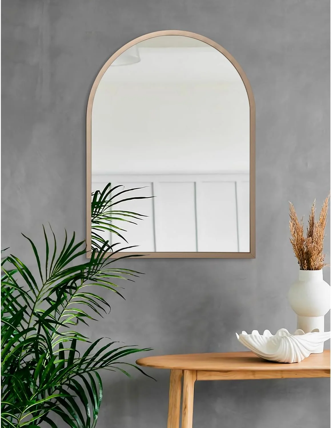 آینه دیواری قوسی بزرگ HLFMVWE، آینه حمام برنجی 66x46 سانتیمتر با قاب فلزی، آینه آرایشی قوسی نصب شده روی دیوار برای اتاق خواب، اتاق نشیمن، ورودی آینه دیواری قوسی بزرگ HLFMVWE، آینه حمام برنجی 66x46 سانتیمتر با قاب فلزی، آینه آرایشی قوسی نصب شده روی دیوار برای اتاق خواب، اتاق نشیمن، ورودی