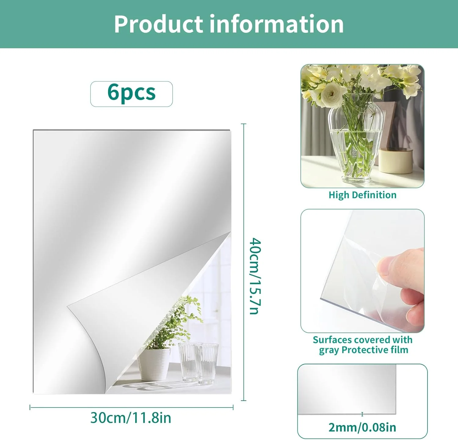 برچسب آینه دیواری لاربر 6 تکه، آینه های 30 در 40 سانتی متر، برچسب های دیواری غیر شیشه ای، برچسب آینه اکریلیک برای کمد لباس، درب، اتاق خواب