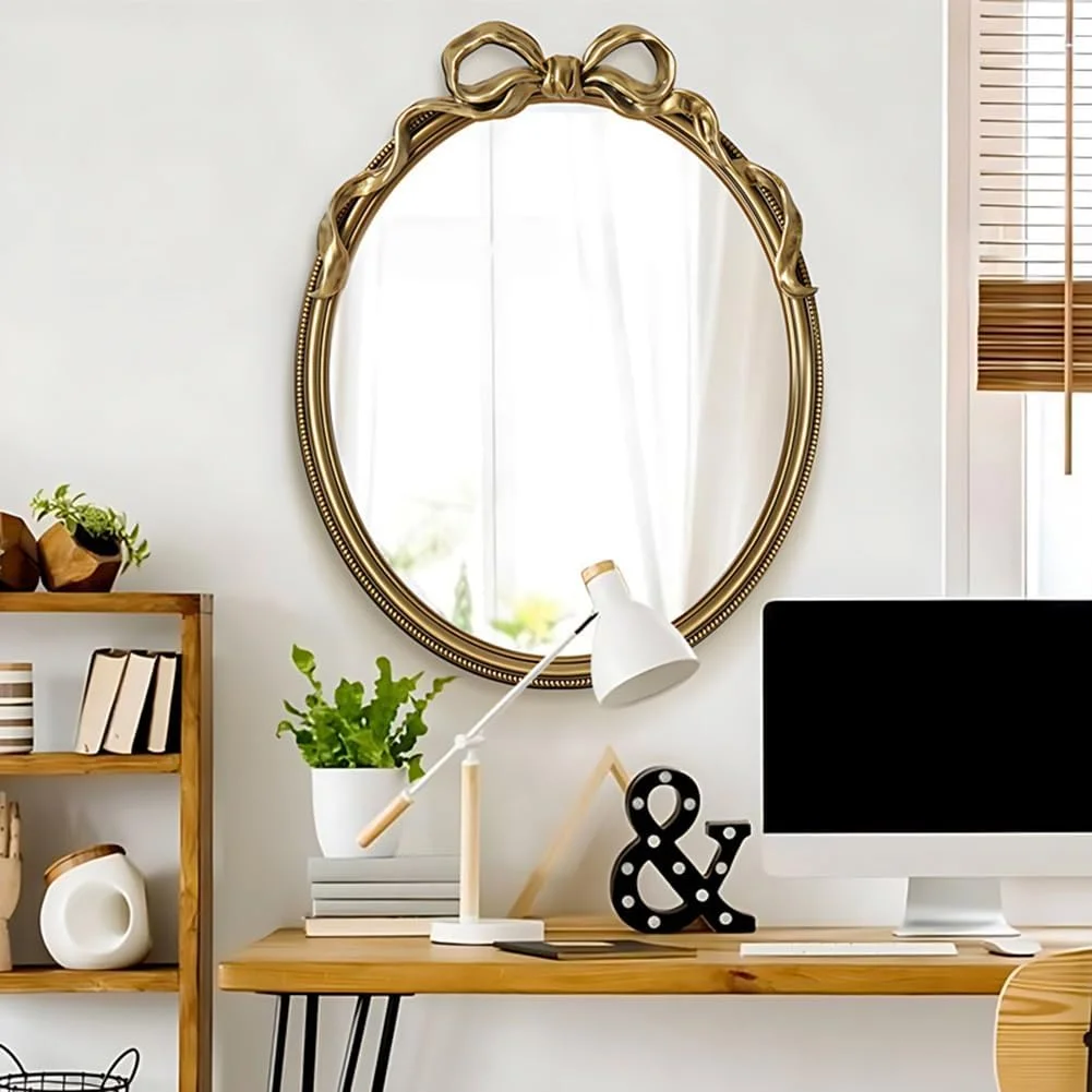 آینه تزئینی بیضی شکل وینتیج KXWOQ3ED، 60x80 سانتی متر، آینه طلایی عتیقه، آینه دیواری پاپیونی تزیینی، دکوراسیون منزل برای میز آرایش، اتاق خواب