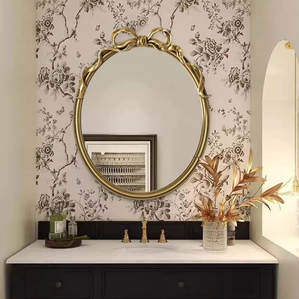 آینه تزئینی بیضی شکل وینتیج KXWOQ3ED، 60x80 سانتی متر، آینه طلایی عتیقه، آینه دیواری پاپیونی تزیینی، دکوراسیون منزل برای میز آرایش، اتاق خواب