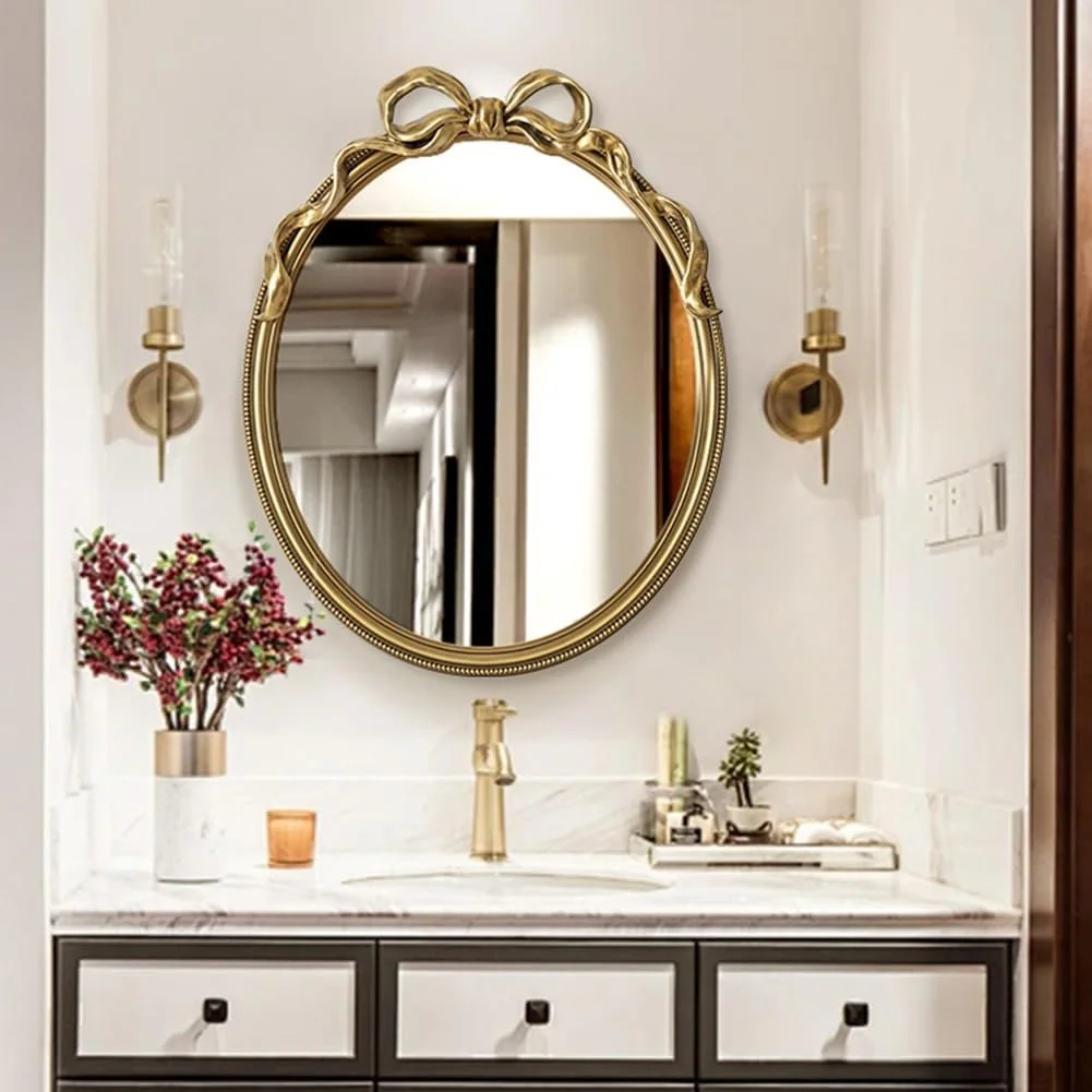 آینه تزئینی بیضی شکل وینتیج KXWOQ3ED، 60x80 سانتی متر، آینه طلایی عتیقه، آینه دیواری پاپیونی تزیینی، دکوراسیون منزل برای میز آرایش، اتاق خواب