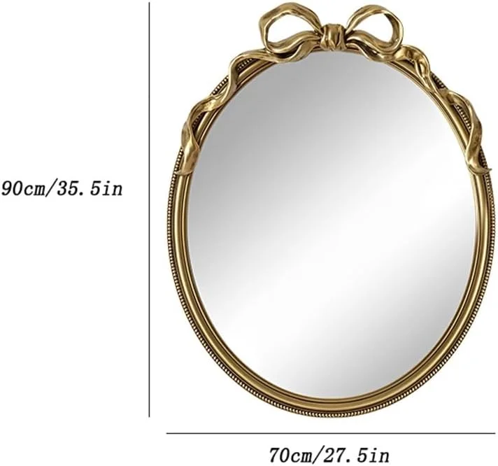 آینه تزئینی بیضی شکل وینتیج KXWOQ3ED، 60x80 سانتی متر، آینه طلایی عتیقه، آینه دیواری پاپیونی تزیینی، دکوراسیون منزل برای میز آرایش، اتاق خواب