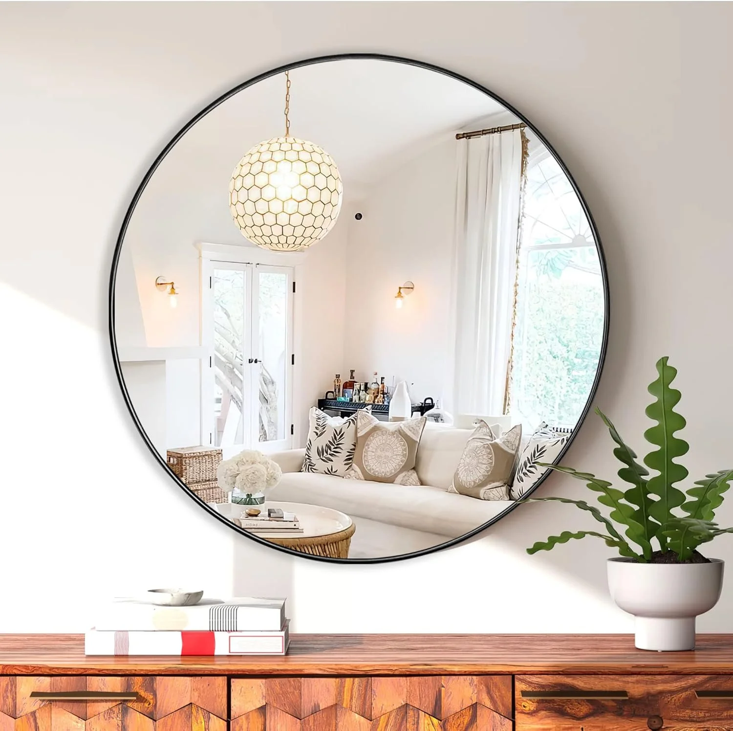 آینه گرد NeuType، آینه دیواری دایره ای 80 سانتی متری با قاب فلزی، آینه های تزئینی بزرگ آویز برای دیوار، حمام، اتاق خواب، اتاق نشیمن (مشکی، 80x80 سانتی متر)