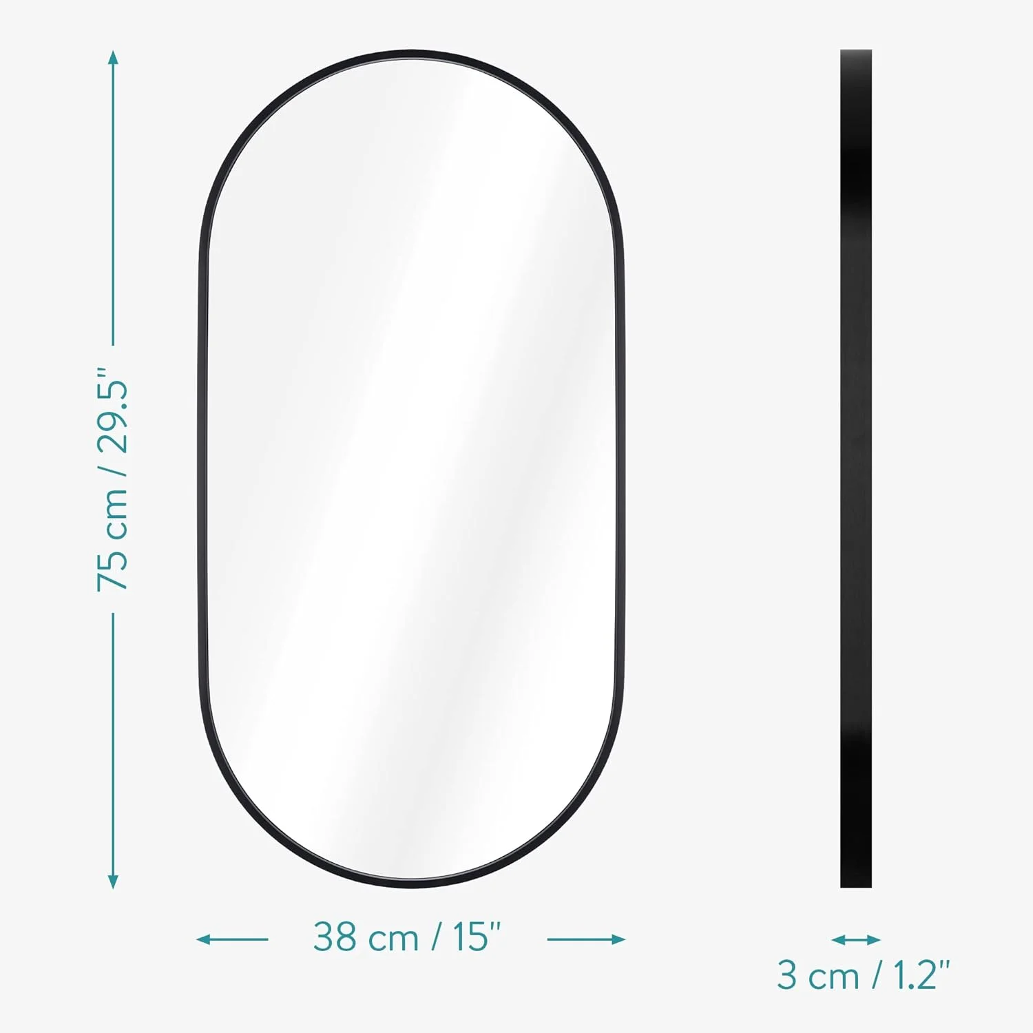 آینه بیضی بزرگ Navaris با قاب - آینه تزئینی 75 x 38 x 3 سانتی متر برای آویزان کردن - آینه دیواری بیضی - آینه حمام راهرو توالت - گوشه های گرد در بالا - آینه بیضی سیاه
