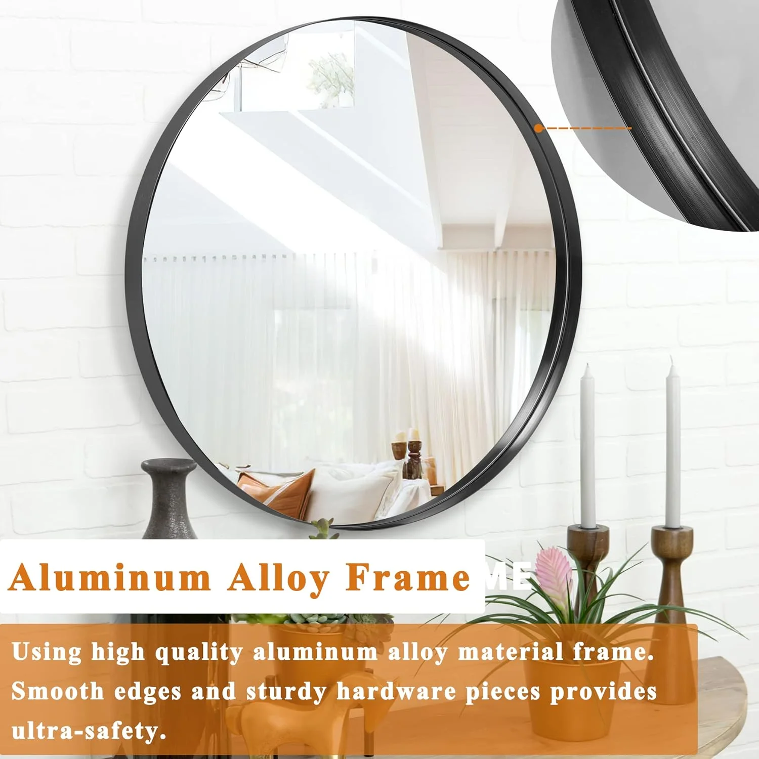 آینه گرد NeuType، آینه دیواری دایره ای 80 سانتی متری با قاب فلزی، آینه های تزئینی بزرگ آویز برای دیوار، حمام، اتاق خواب، اتاق نشیمن (مشکی، 80x80 سانتی متر)