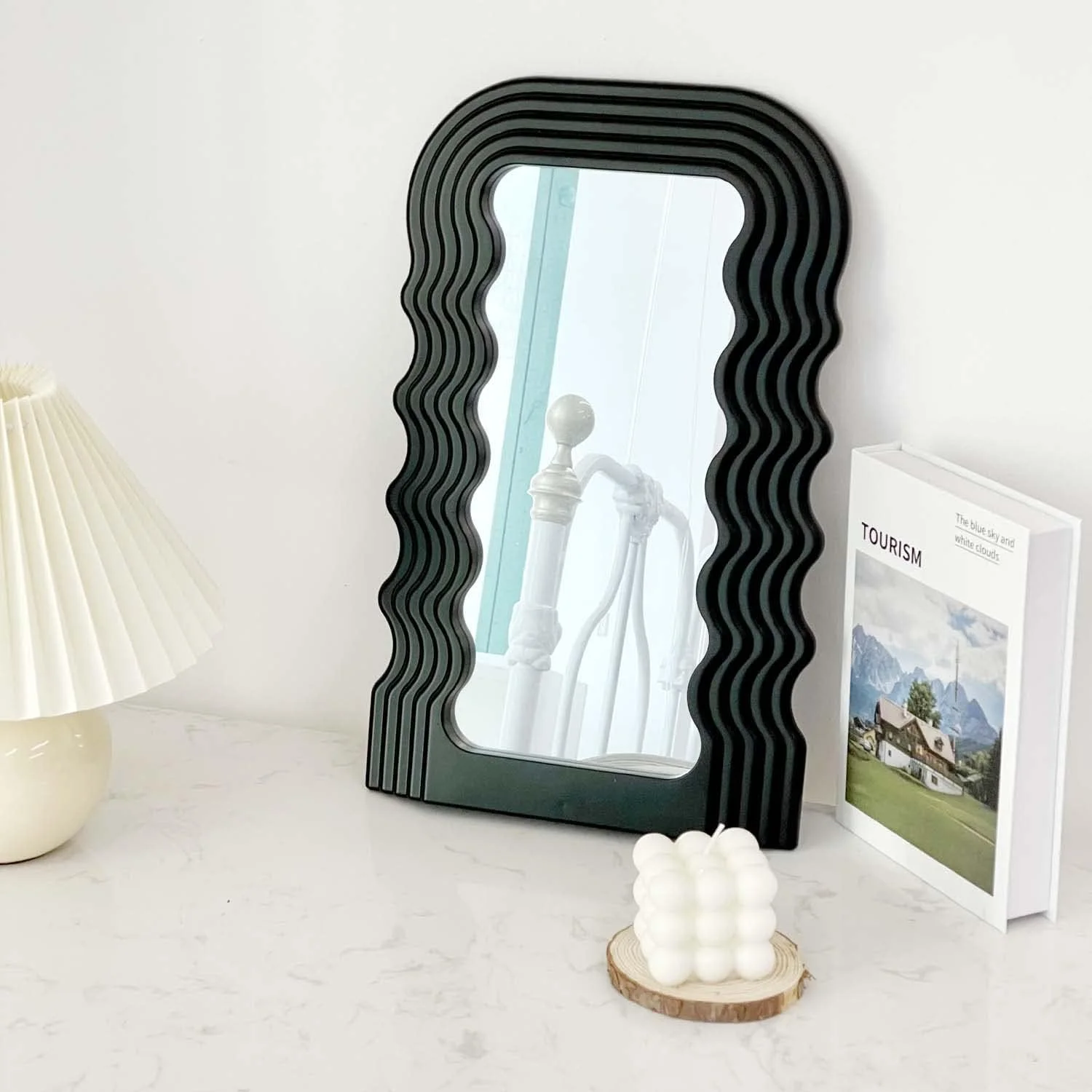 آینه با قاب نامنظم طرح موجی Simmer Stone، آینه تزئینی رومیزی دیواری برای اتاق نشیمن، اتاق خواب، راهرو، دکوراسیون منزل، هدیه تولد و خانه نویی (مشکی)